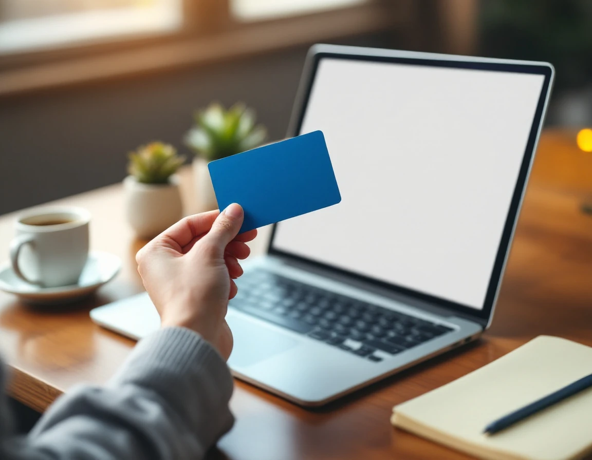 Hand holding payment card over laptop in modern workspace setting for online shopping