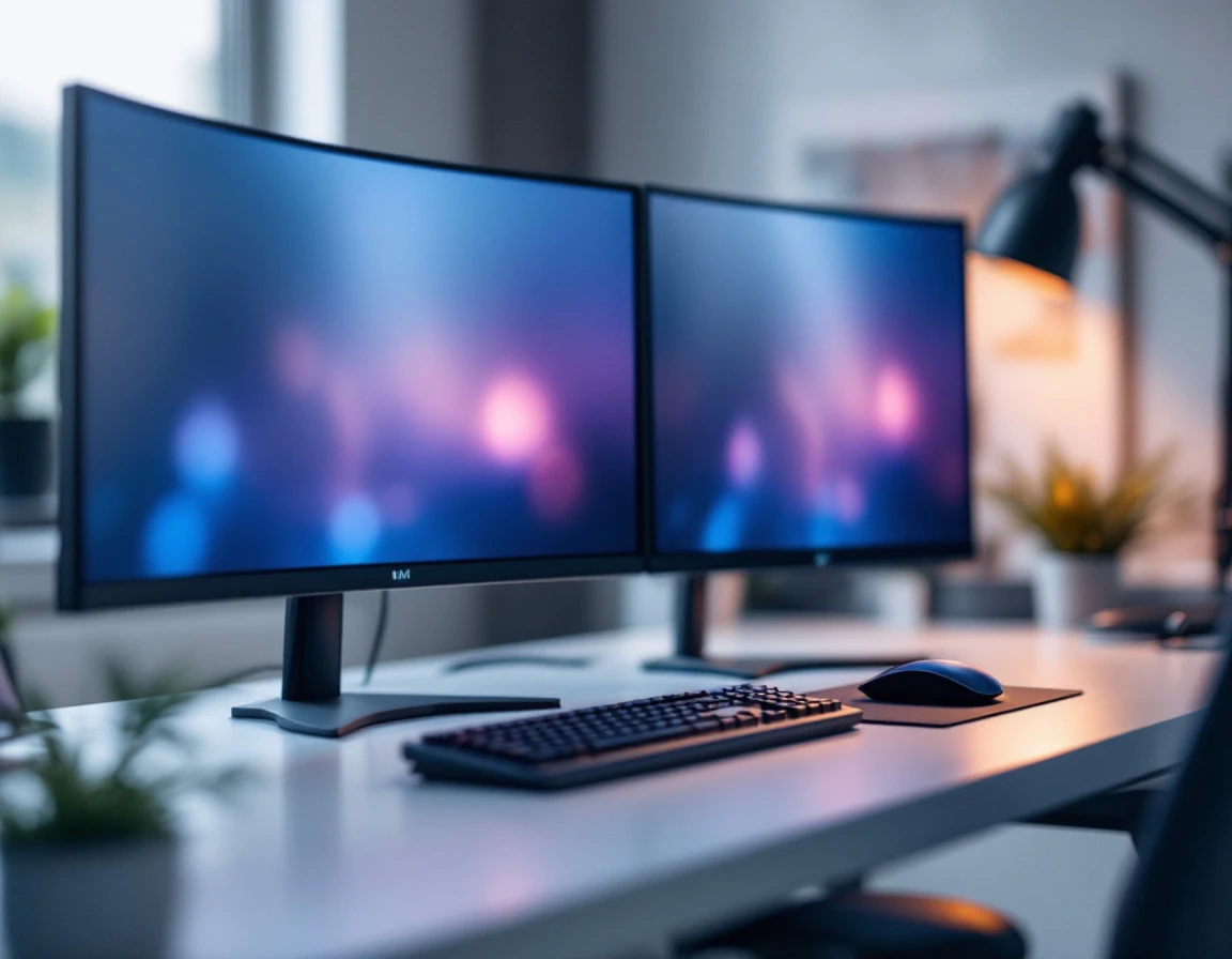Blurred dual monitor workspace setup with soft bokeh screen displays in professional office environment