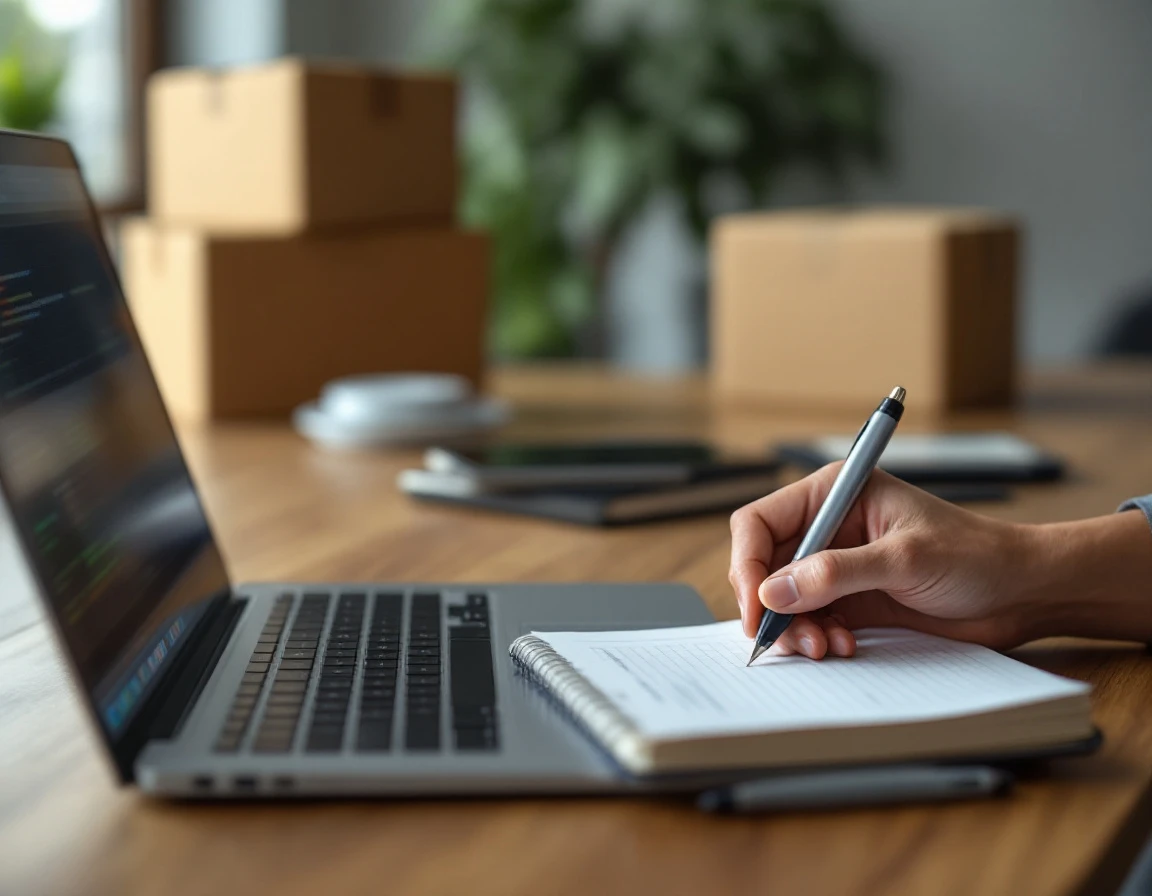 Wooden desk with laptop, notebook, and shipping boxes in natural office lighting