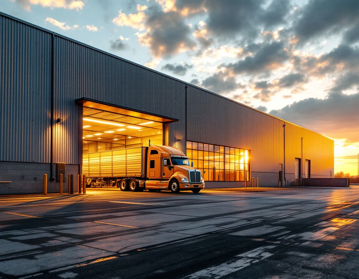 Modern warehouse loading dock at sunset with semi-truck demonstrating B2B logistics infrastructure