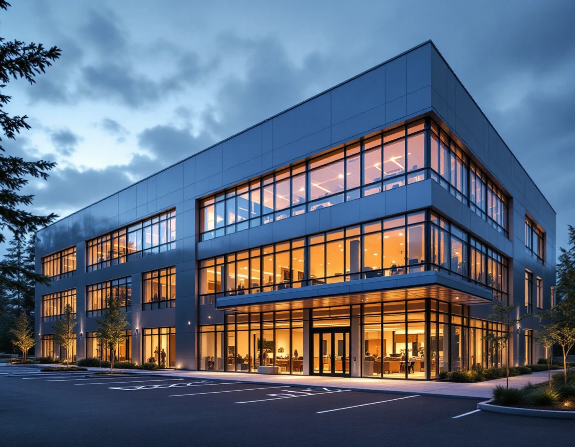 Modern B2B technology office building with illuminated glass facade at twilight in Pacific Northwest