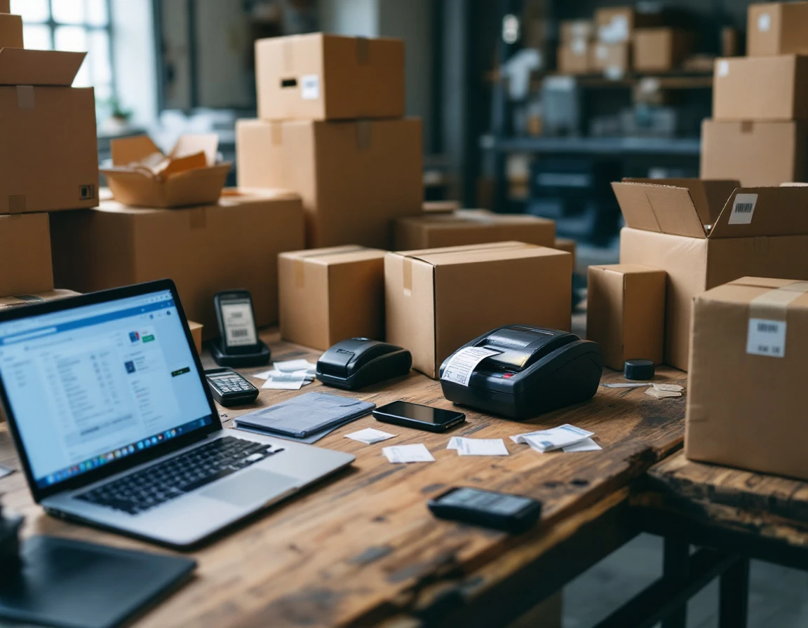 Cluttered warehouse desk with multiple shipping devices and scattered boxes showing fragmented ecommerce workflow
