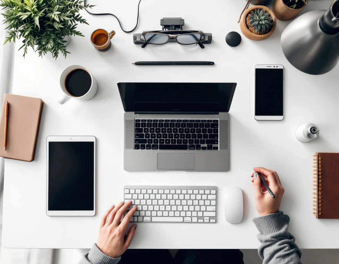 Overhead view of laptop, tablet, and phone with black screens on white desk with coffee and accessories