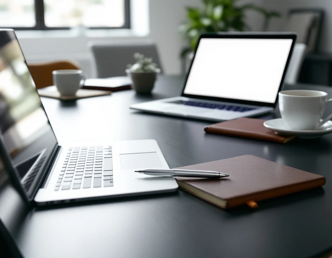 Modern business workspace with laptops and devices arranged for B2B ecommerce platform evaluation