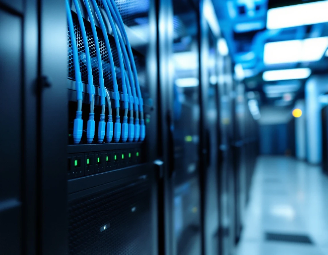 Enterprise fiber optic cables connecting to networking hardware in a professional data center environment