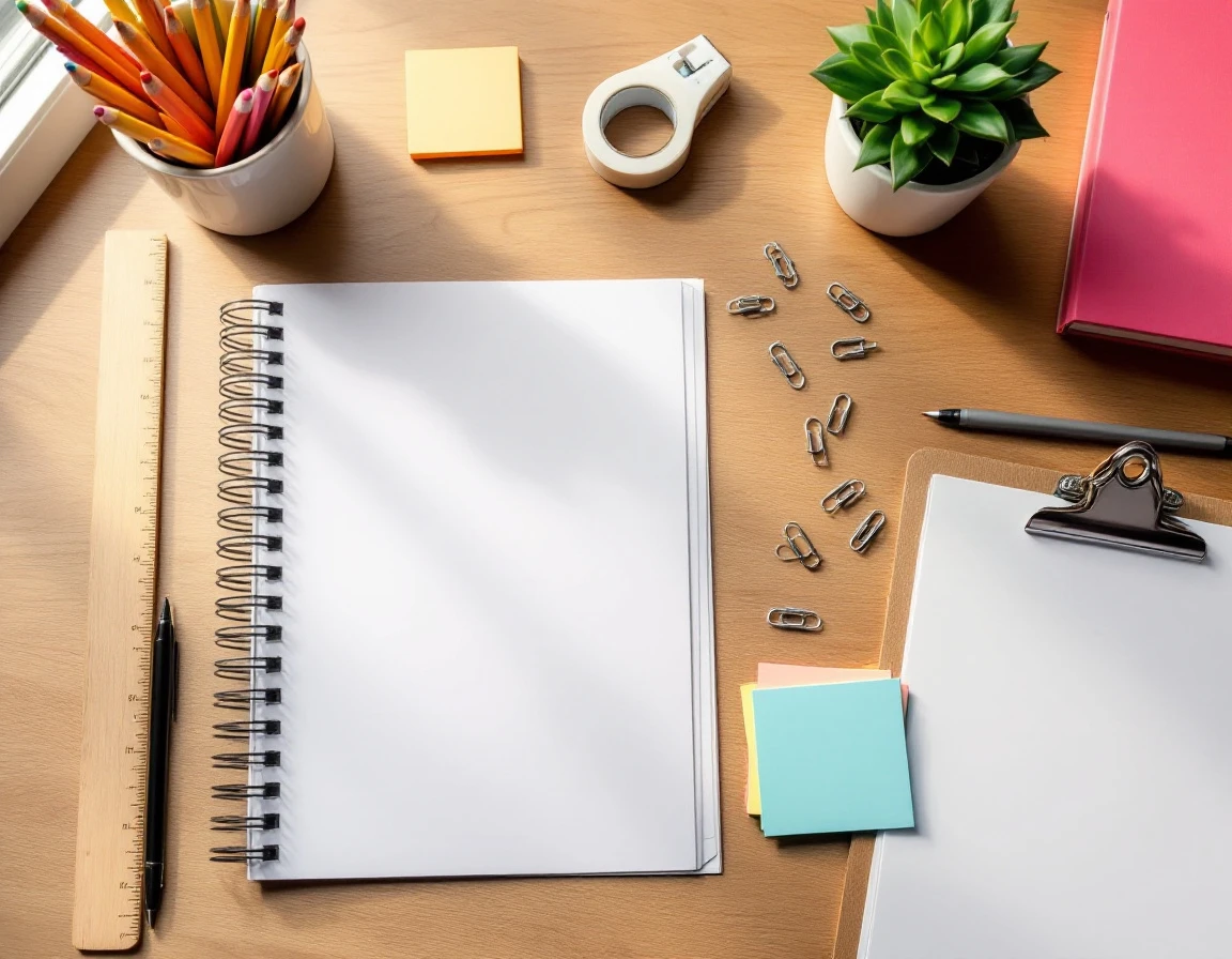 Overhead view of organized back-to-school supplies on wooden desk with pencils, notebooks, and office items