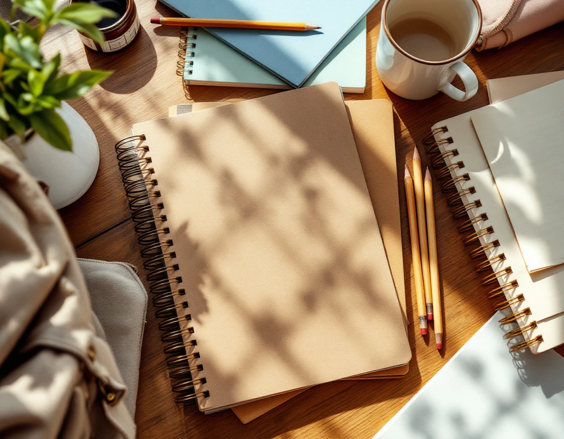 Wooden desk with back-to-school supplies including notebooks, pencils, and canvas pencil case in natural light