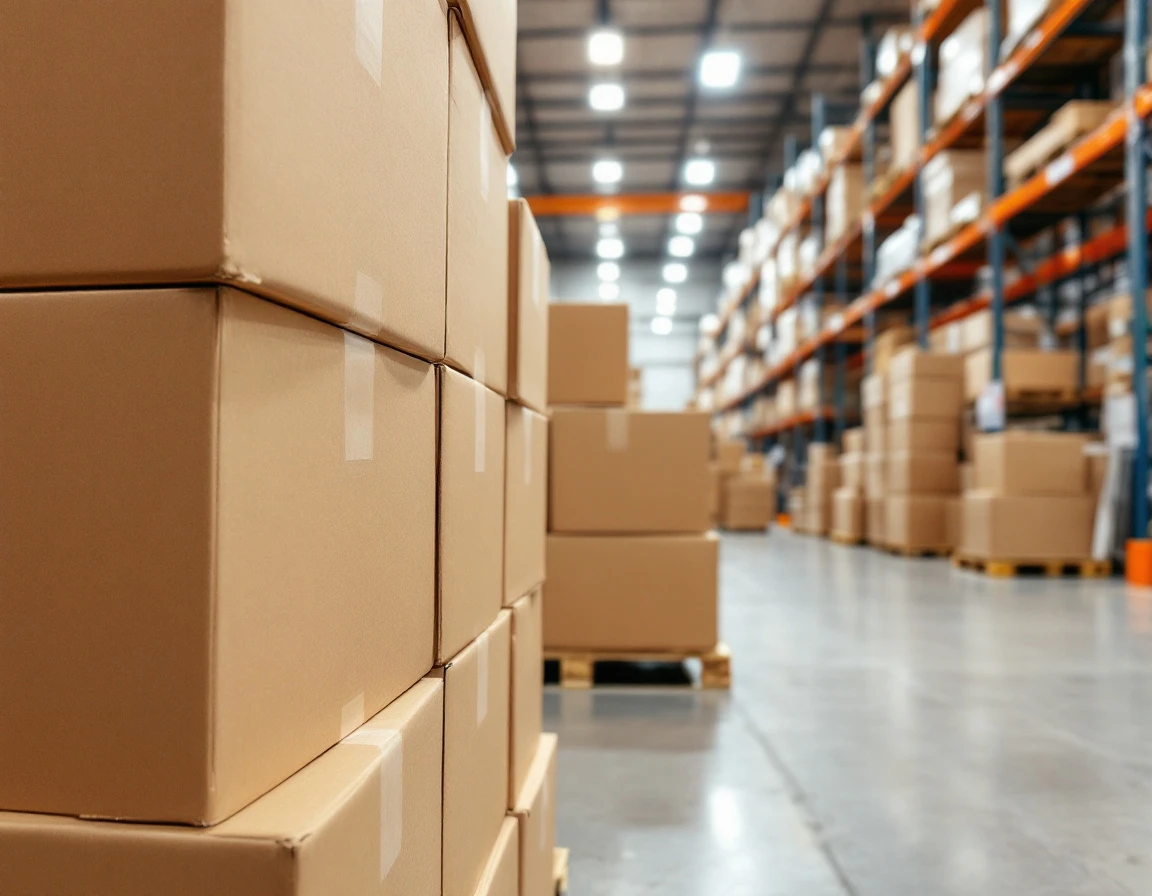 Stacked cardboard boxes on wooden pallets in warehouse showing organized seasonal inventory staging
