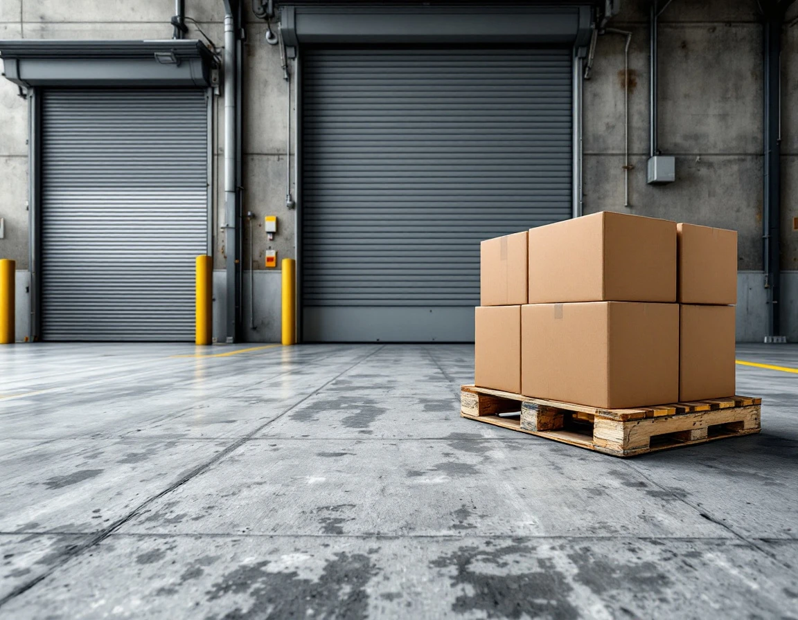 Commercial warehouse loading dock with stacked pallets and industrial roll-up door in natural overcast lighting