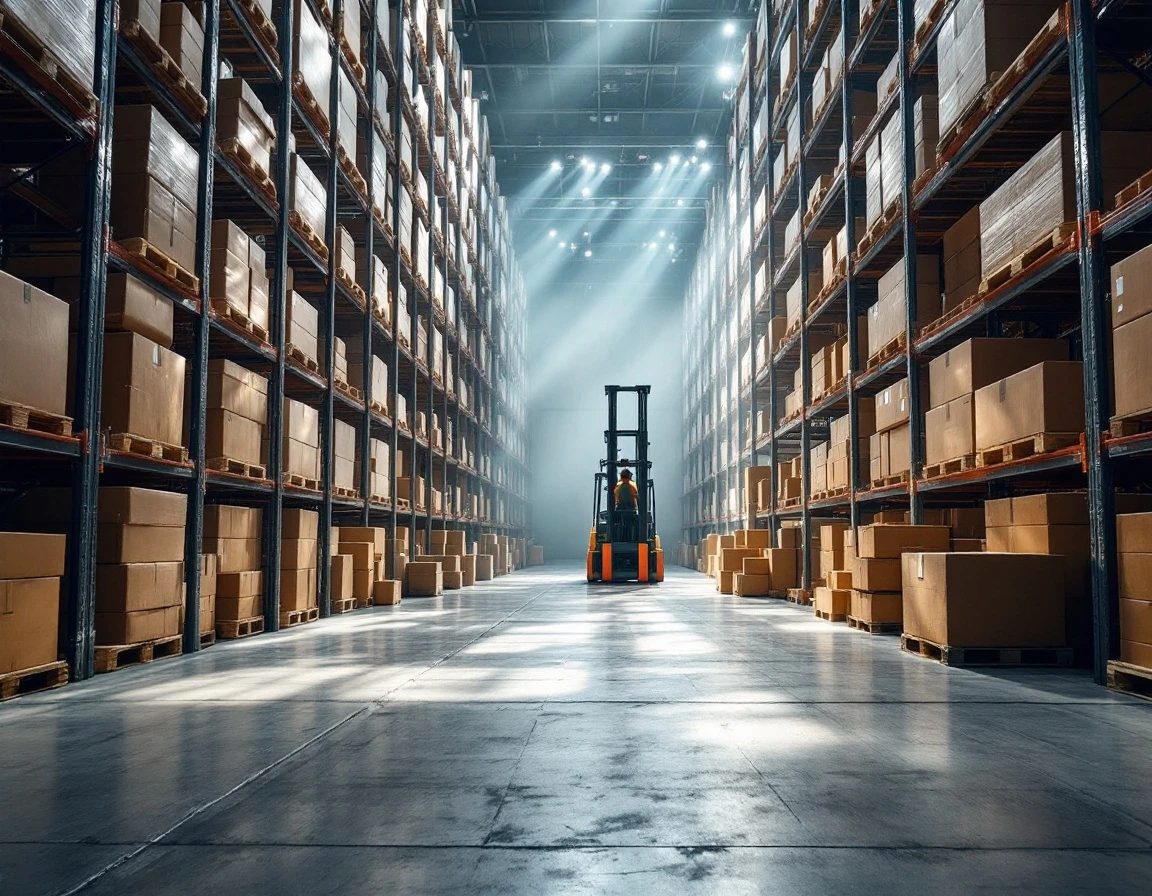 Industrial warehouse with organized shelving and bulk inventory storage showing operational scale