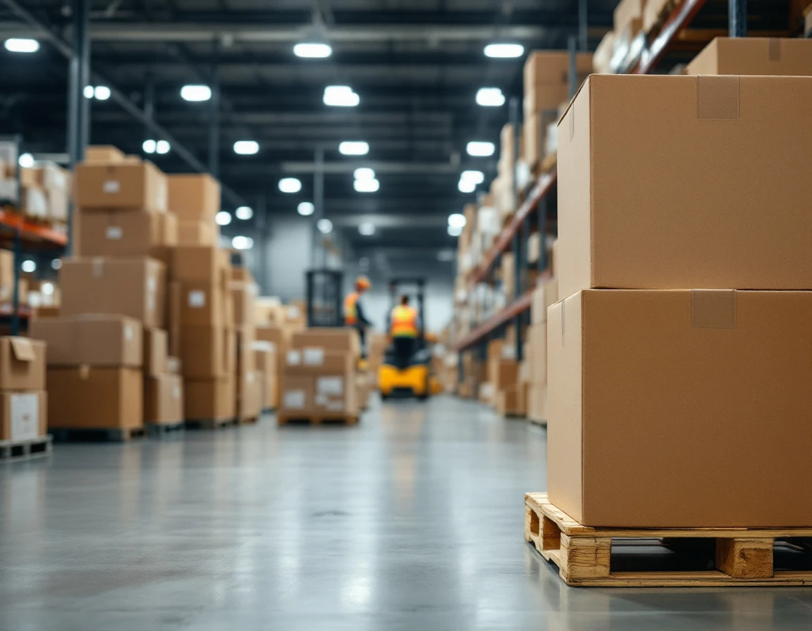 Stacked cardboard boxes on warehouse pallet ready for bulk B2B shipment processing