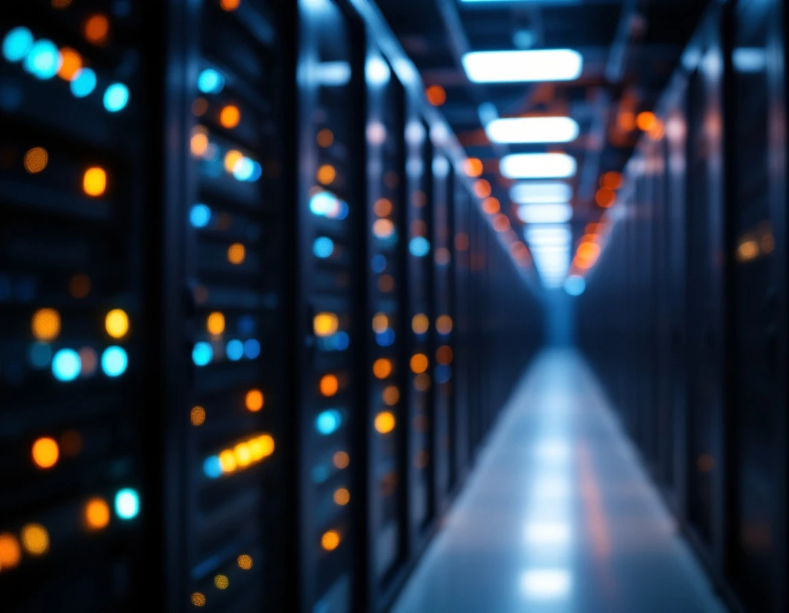 Modern data center server racks with bokeh lighting effects and blurred infrastructure depth
