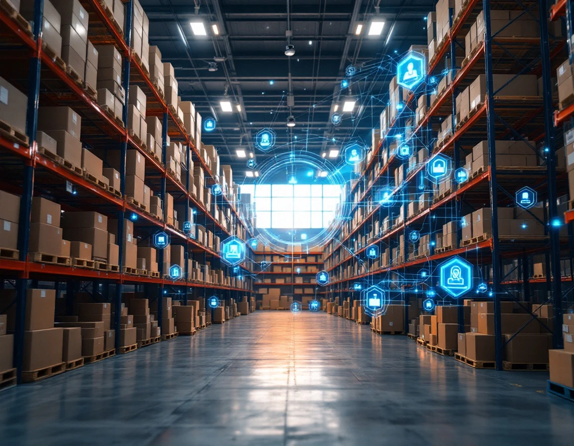 Warehouse fulfillment center with biometric security scanning systems and digital authentication interface