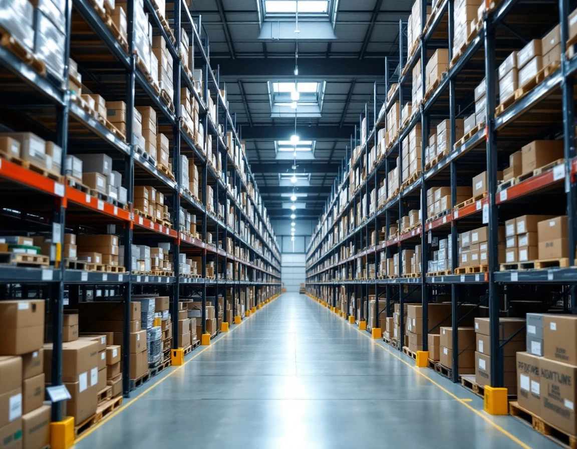 Organized warehouse shelving with color-coded inventory zones for seasonal product allocation