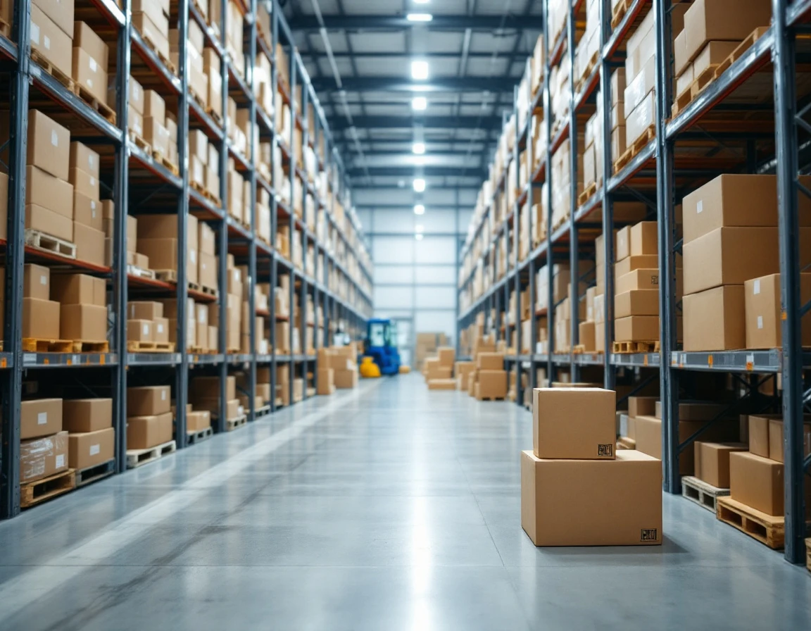 Organized warehouse inventory with stacked boxes on metal shelving under natural light during peak season
