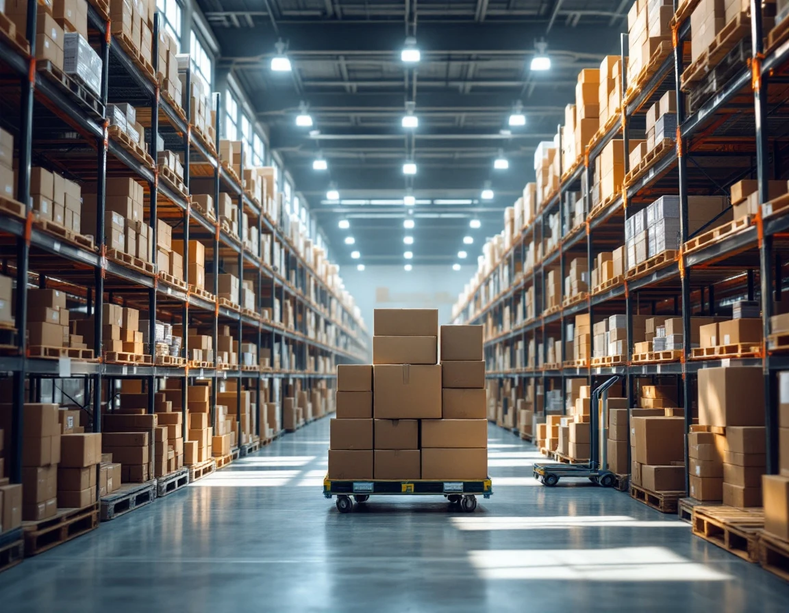 Organized warehouse shelving with diverse product inventory and scanning equipment in modern fulfillment center