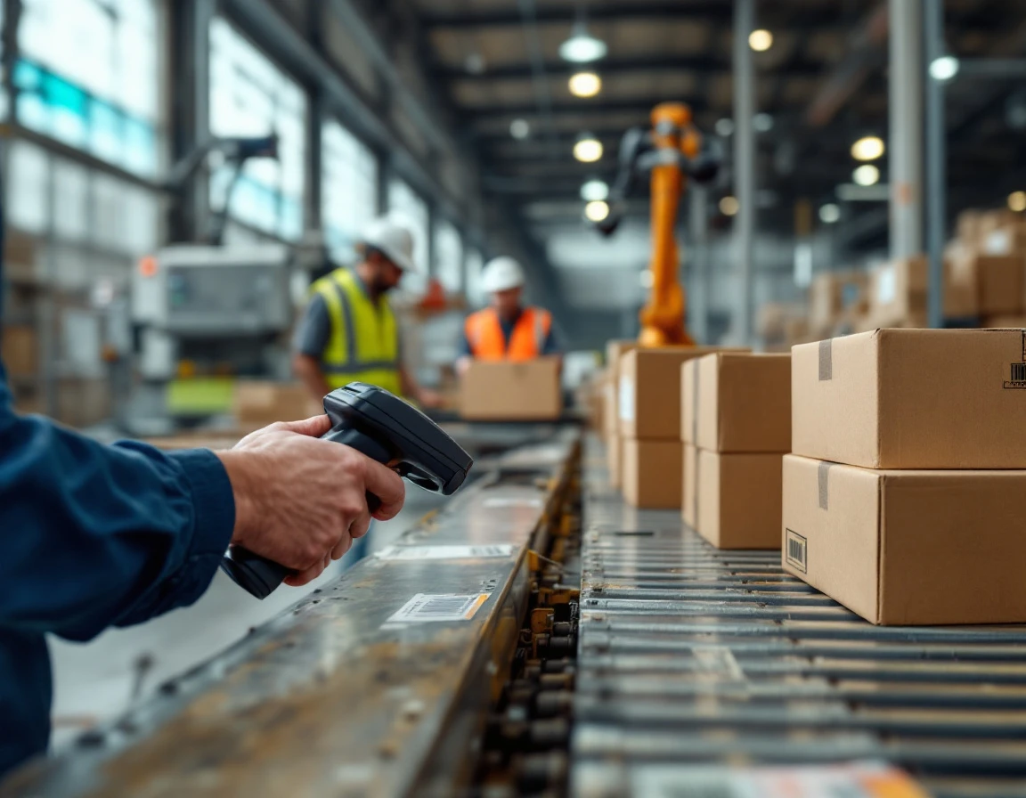 Warehouse worker scanning inventory during fulfillment operations with conveyor system and robotic assistance