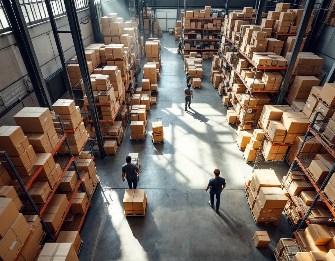 Warehouse workers managing organized inventory boxes on shelves during e-commerce demand spike