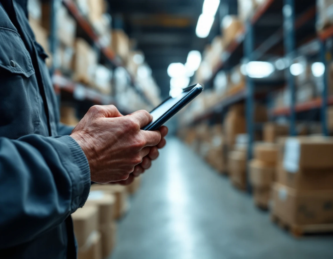 Warehouse worker conducting inventory count with hands holding tablet among stocked shelves