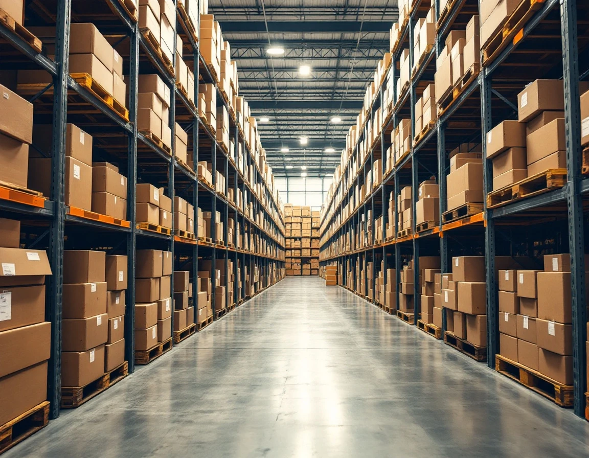 Fulfillment center warehouse aisle with organized inventory boxes ready for back-to-school order processing