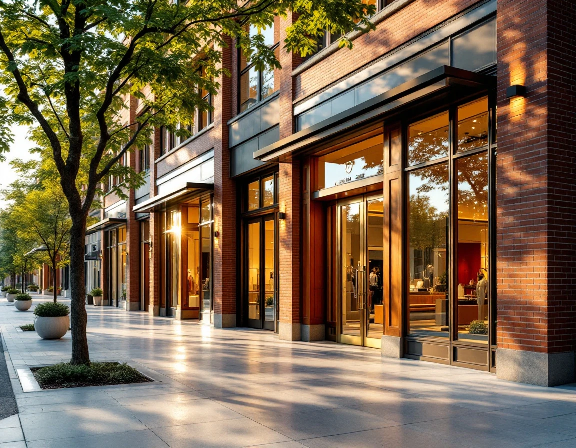 Premium retail storefronts with brick and metal facades on tree-lined street at golden hour
