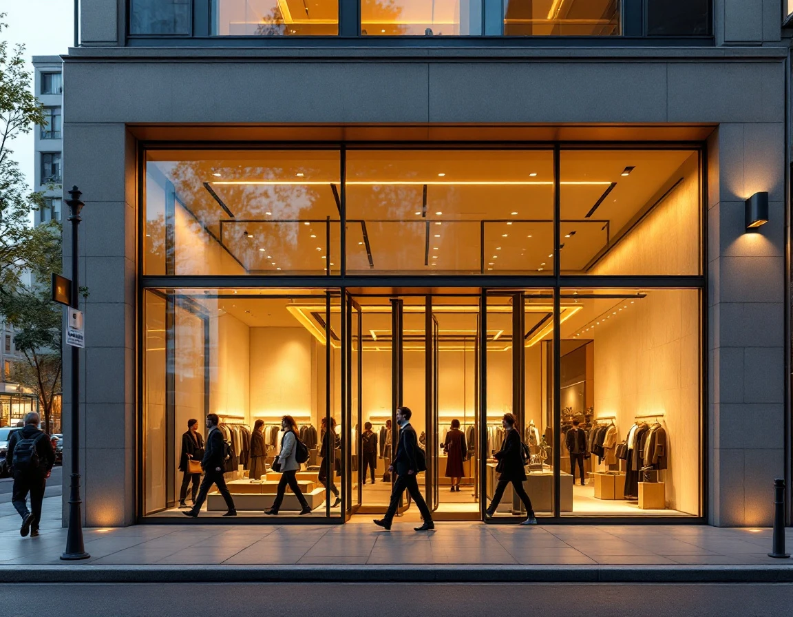 Modern premium retail storefront with glass windows and quality materials at street level during golden hour