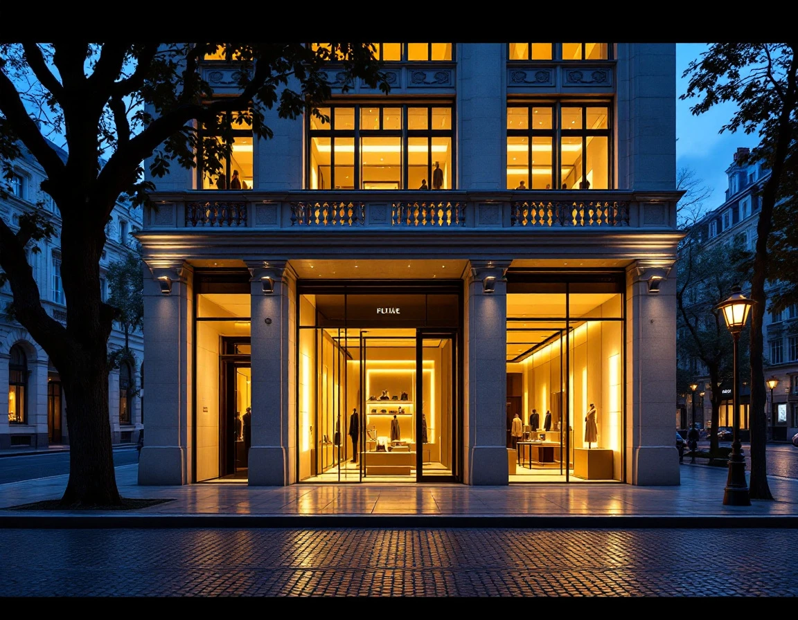 Luxury retail boutique storefront at dusk with warm lighting and elegant minimalist architecture