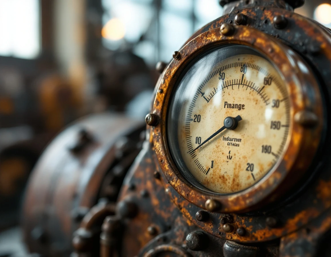 Weathered industrial gauge dial on vintage warehouse machinery showing authentic aging and material patina