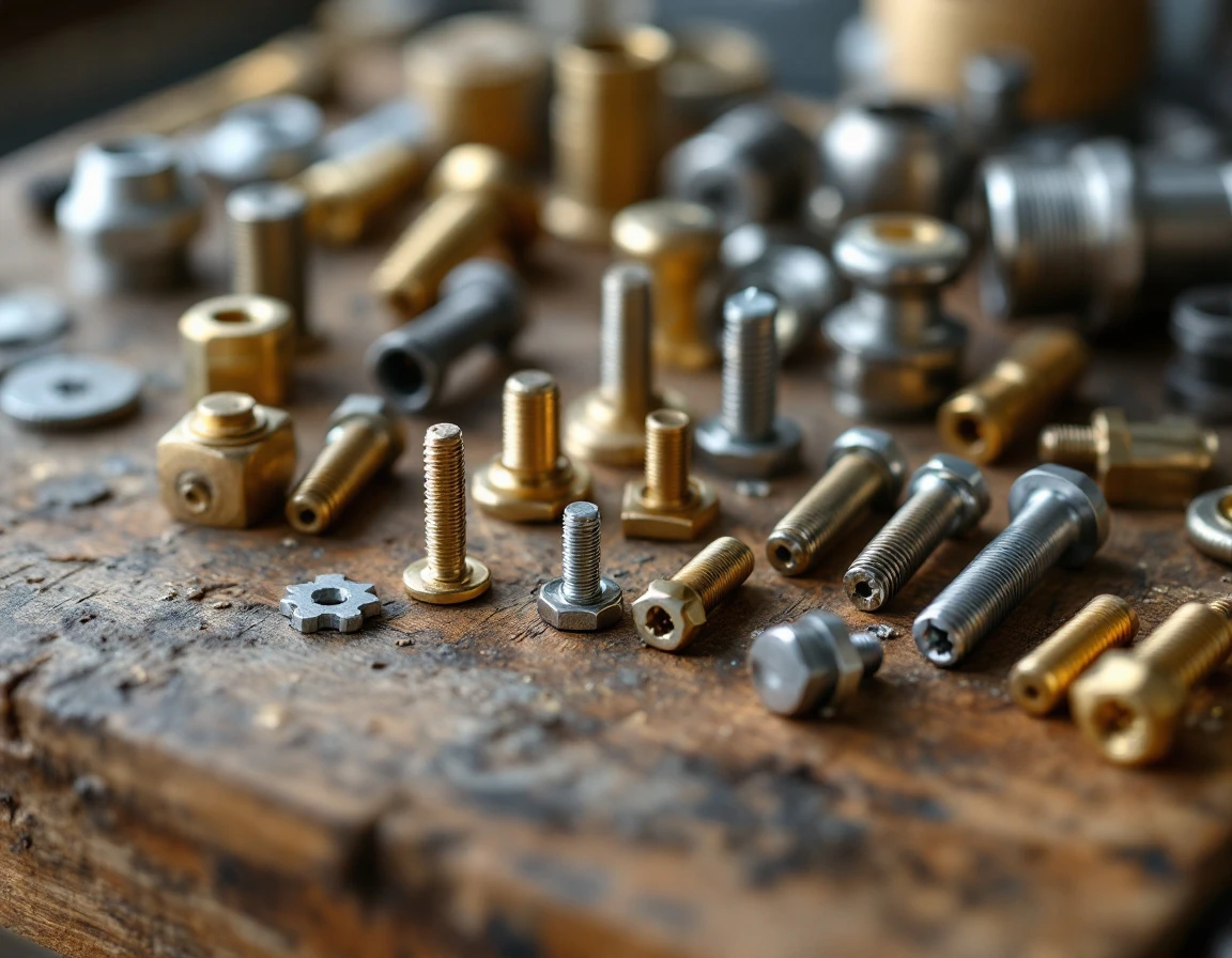 Organized precision manufacturing components and metal fasteners arranged on wooden workbench surface