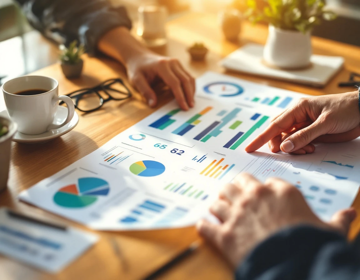Business professional analyzing colorful blurred analytics charts on wooden desk with coffee and plants