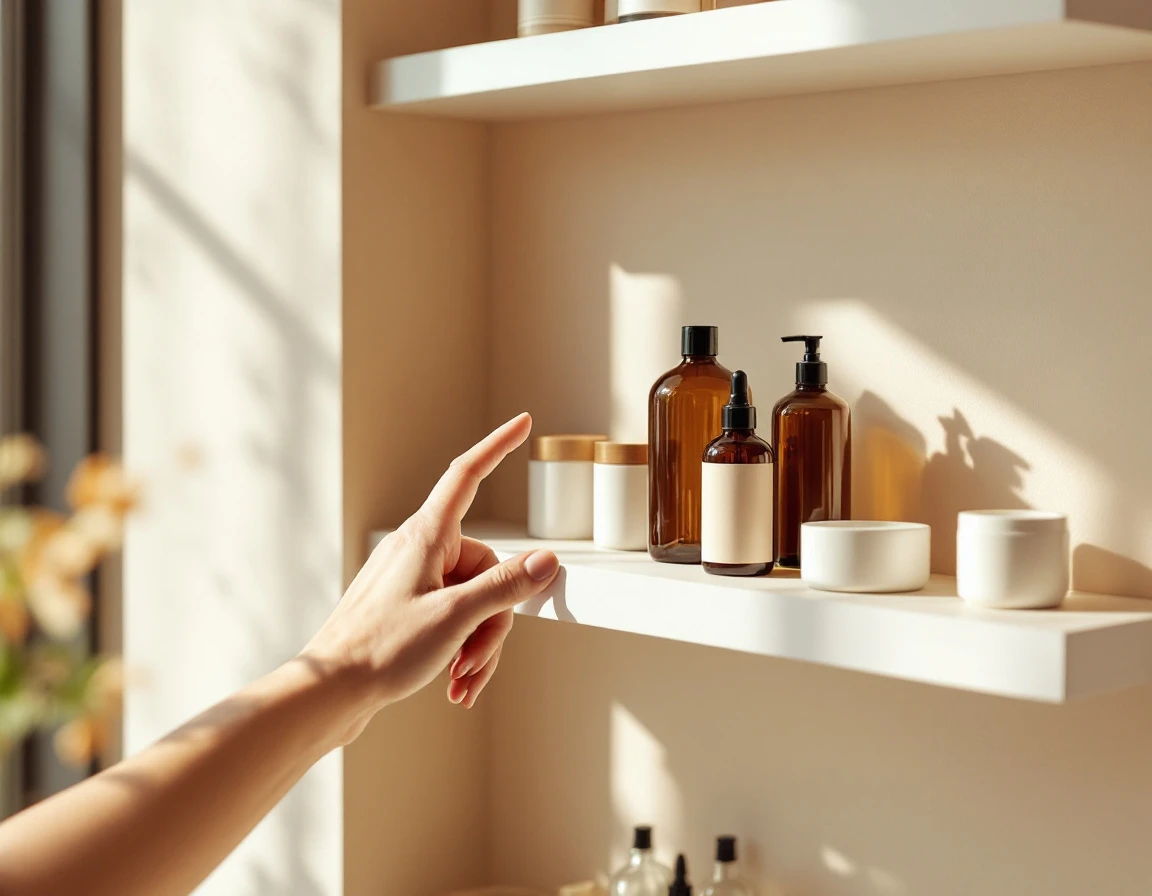Hand reaching for unlabeled bottles and jars on minimalist retail shelves in natural lighting