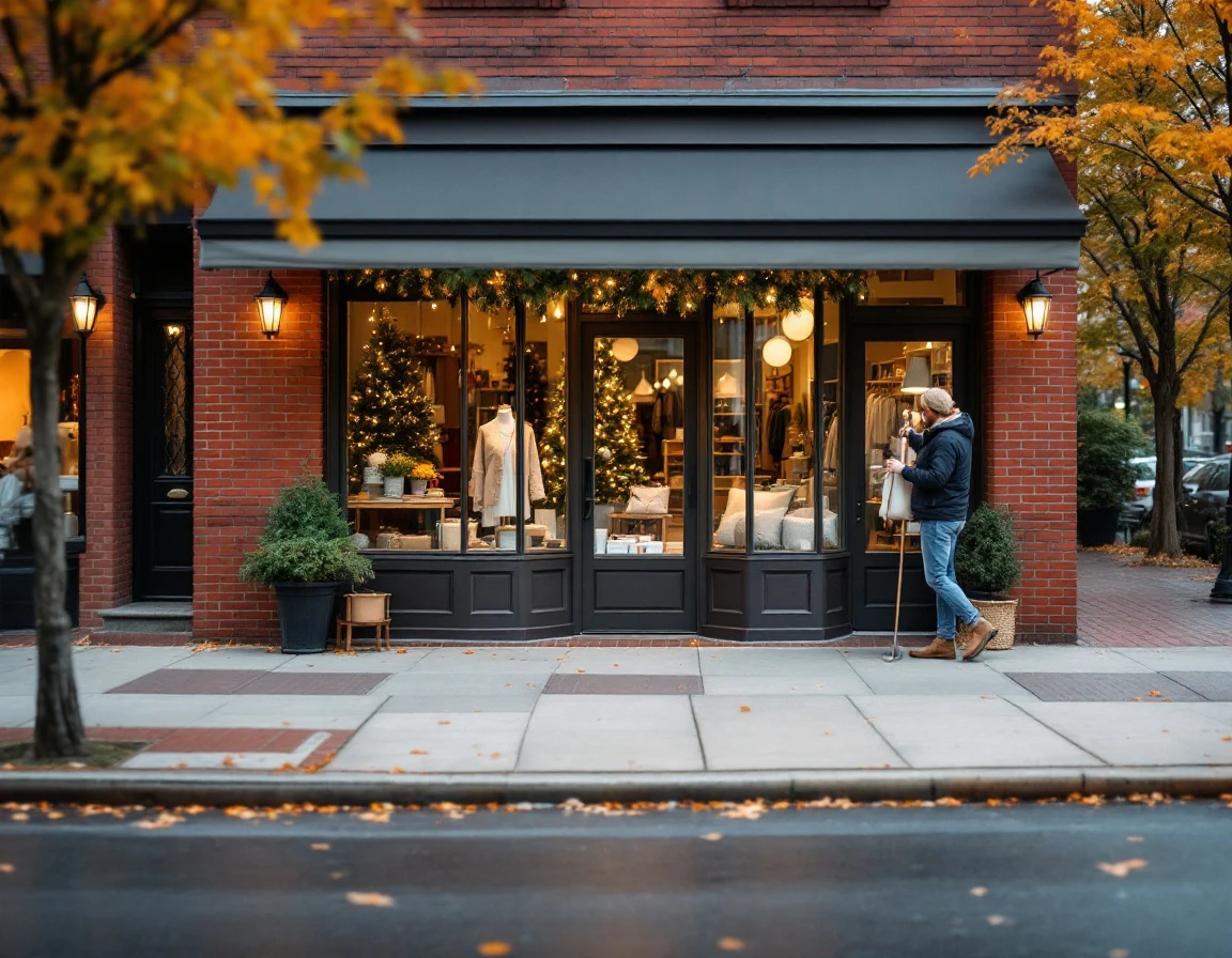 Small retail storefront with clean windows and welcoming entrance prepared for peak shopping season