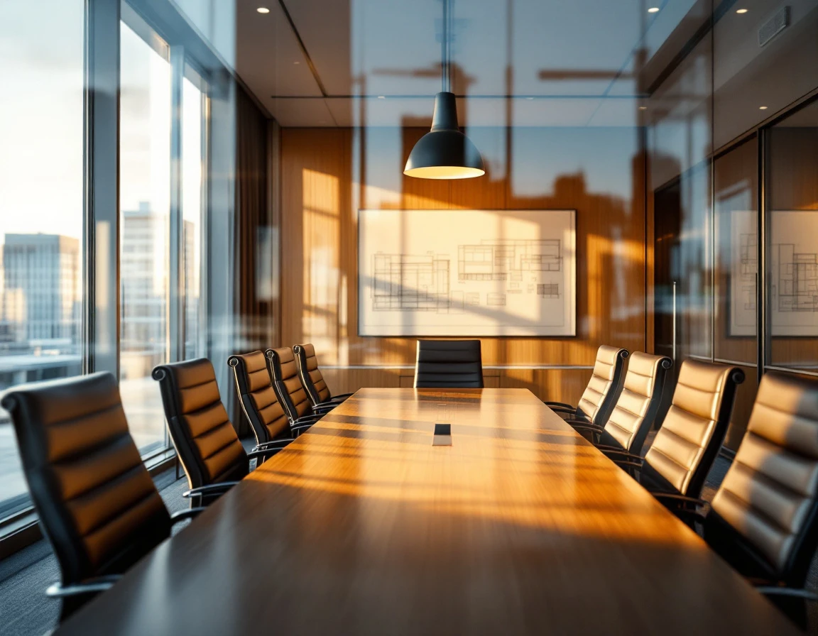 Empty corporate boardroom with conference table viewed through glass windows at golden hour