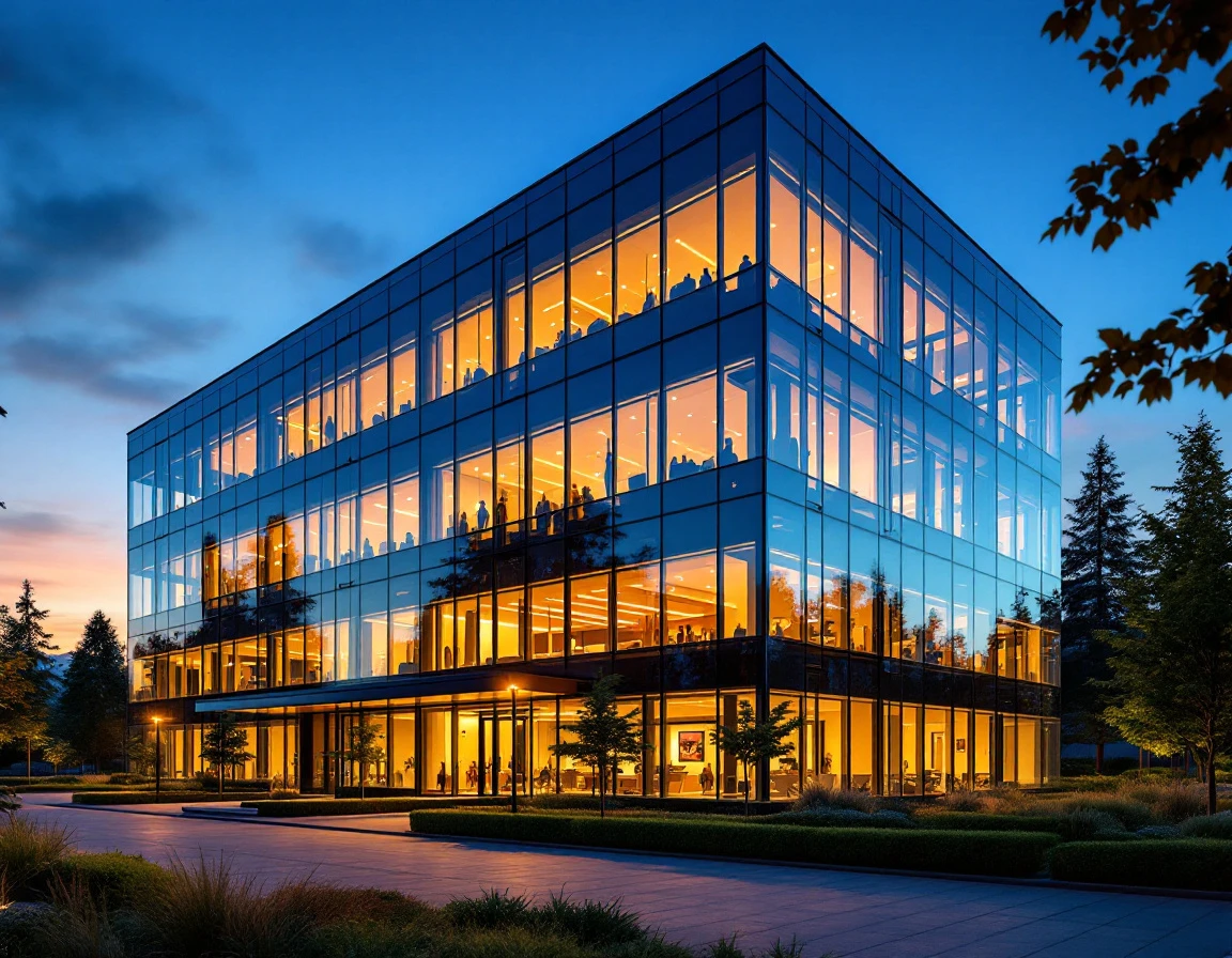 Modern corporate office building with interconnected glass sections representing integrated business systems