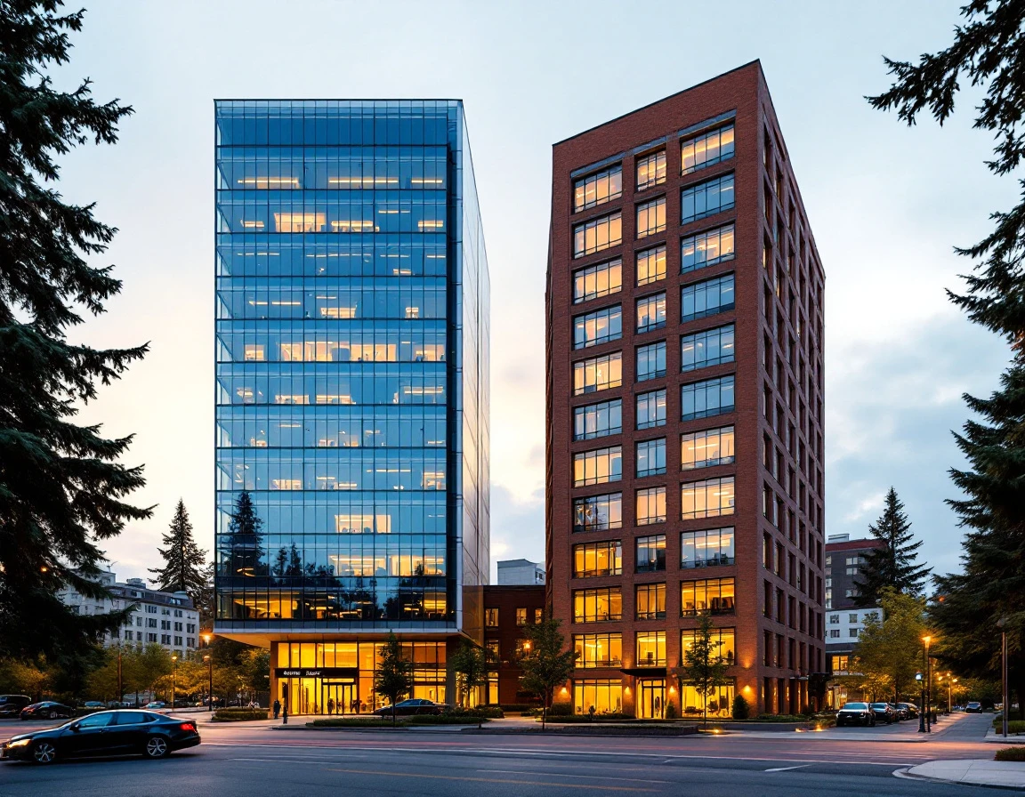 Two contrasting office buildings representing technology-only versus integrated business solution approaches